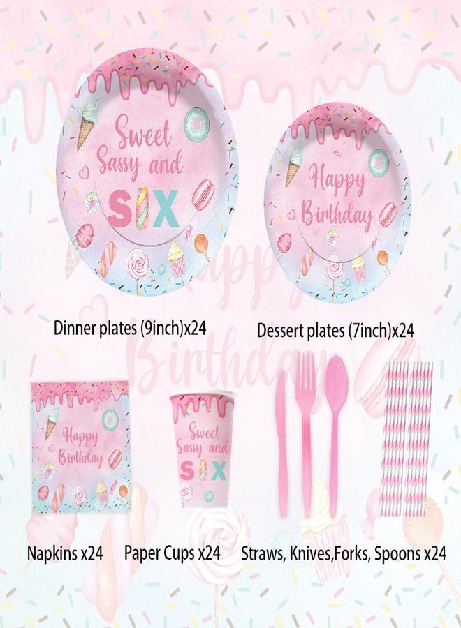 Lofaris Sweet Sassy and Six Birthday Party Supplies Serves 24 - 192Pcs Donut Tableware Set - Candy Dessert Theme Decorations Plates Napkins Cups for Girls - Image 2
