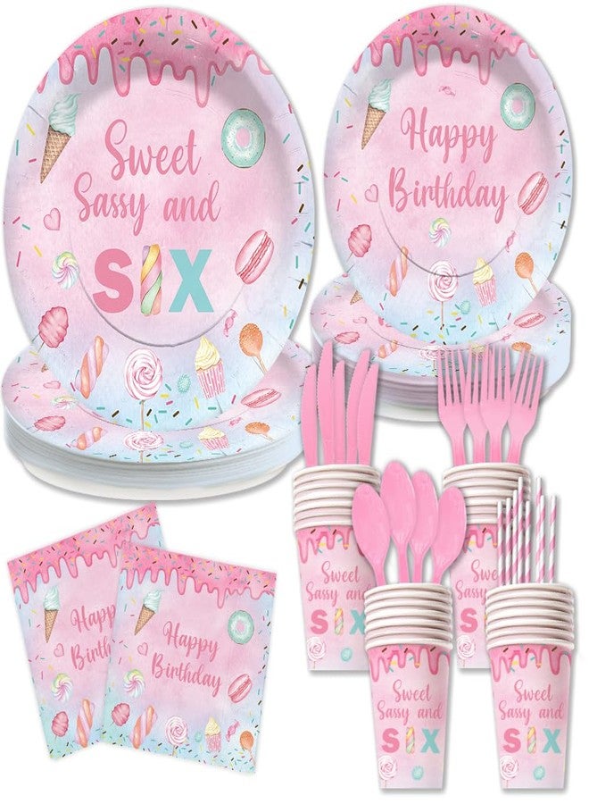 Lofaris Sweet Sassy and Six Birthday Party Supplies Serves 24 - 192Pcs Donut Tableware Set - Candy Dessert Theme Decorations Plates Napkins Cups for Girls - Image 1