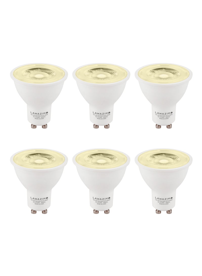 لوازم - طقم لمبة مكون من 6 قطع 7 واط - 3000K أصفر - لمبات LED Spot GU10، تعادل 75 واط، موفرة للطاقة، غير قابلة للتعتيم، سطوع 518 لومن، عمر طويل 15,000 ساعة، مثالية لإضاءة السقف، الإضاءة المدمجة، الإضاءة المركّزة للمساحات الداخلية. - Image 1