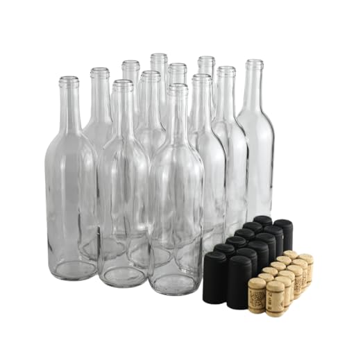 FastRack 750 ml Clear Wine Bottles (Pack of 12) with No.8 Natural Corks & Matte Black Shrink Sleeves, W5 Bordeaux Liquor Bottles/Flint Flat-Bottomed Cork Top | Ideal for Wine Making and Storage - Image 1