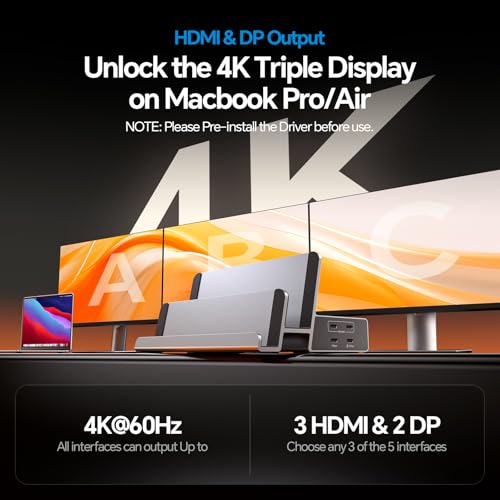 PULWTOP 19-in-1 Triple Monitor Docking Station for Laptop, 3 Display 4K Dual Stand MacBook Pro/Air Docking Station with 3 HDMI, 2 DP, 45W PD, 5 USB for MacBook M1/M2/M3/M4/M5/Windows (Driver Required) - Image 5