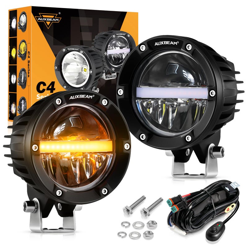أضواء أوكسبيم 4 بوصة 110 واط دائرية للطرق الوعرة تصميم DRL 11000 لومن مصابيح LED فائقة السطوع 7035 SMD مع مجموعة أسلاك DT لشاحنة جيب بيك أب SUV ATV UTV 2 قطع