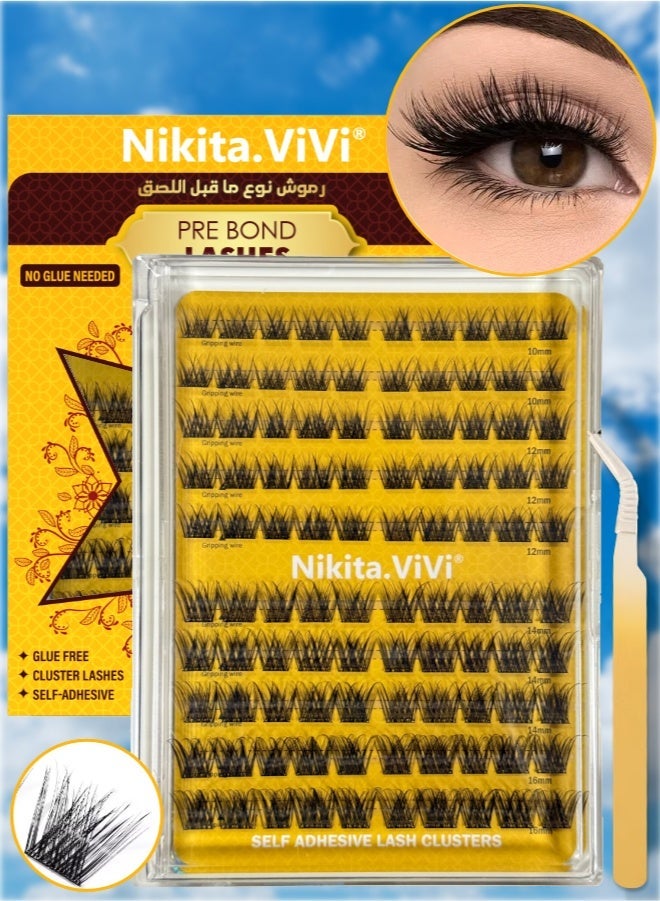 NIKITA.VIVI Pre Bond Lashes Kit with Tweezers Self Adhesive Eyelashes Wider Eyelash Clusters Kit, False Eyelashes D Curl Pre Glued Lash Clusters Wispy Lash Cluster Kit False Lashes for Beginners and Salon use Press On DIY Lash Extension Kit Falselashes Eye Makeup Kit 10-16mm Size 100 Pcs - Image 1