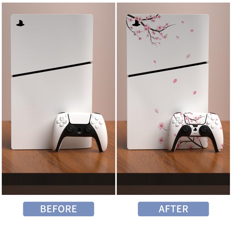 playvital ملصق جلد كامل من بلاي فايتال لجهاز ps5 سليم (التصميم الأصغر الجديد)، غلاف ملصق فينيل لجهاز التحكم و سماعة الرأس و محطة الشحن و جهاز التحكم عن بعد - زهر الكرز المتساقط - Image 4