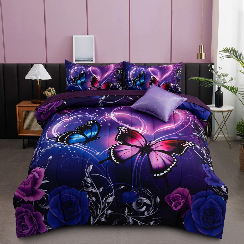 A Nice Night Galaxy 6pcs Bed in a Bag Purple and Blue Dreamy 3D Butterfly Printed Butterflies Bedding Full Comforter Set for Girls Kids Teens