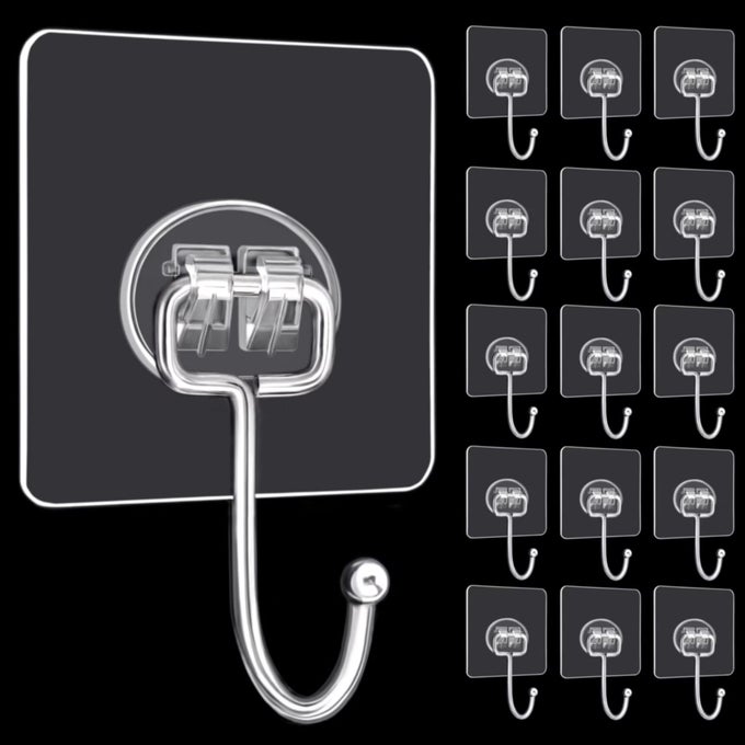LARGE ADHESIVE HOOKS 16PACK HOLD 33LBMAX HEAVY DUTY STICKY HOOKS WATERPROOF TRANSPARENT HOOKS FOR HANGING SELFADHESIVE TRACELESS CLEAR WALL HOOKS TO USE FOR KEYS ROBE TOWEL