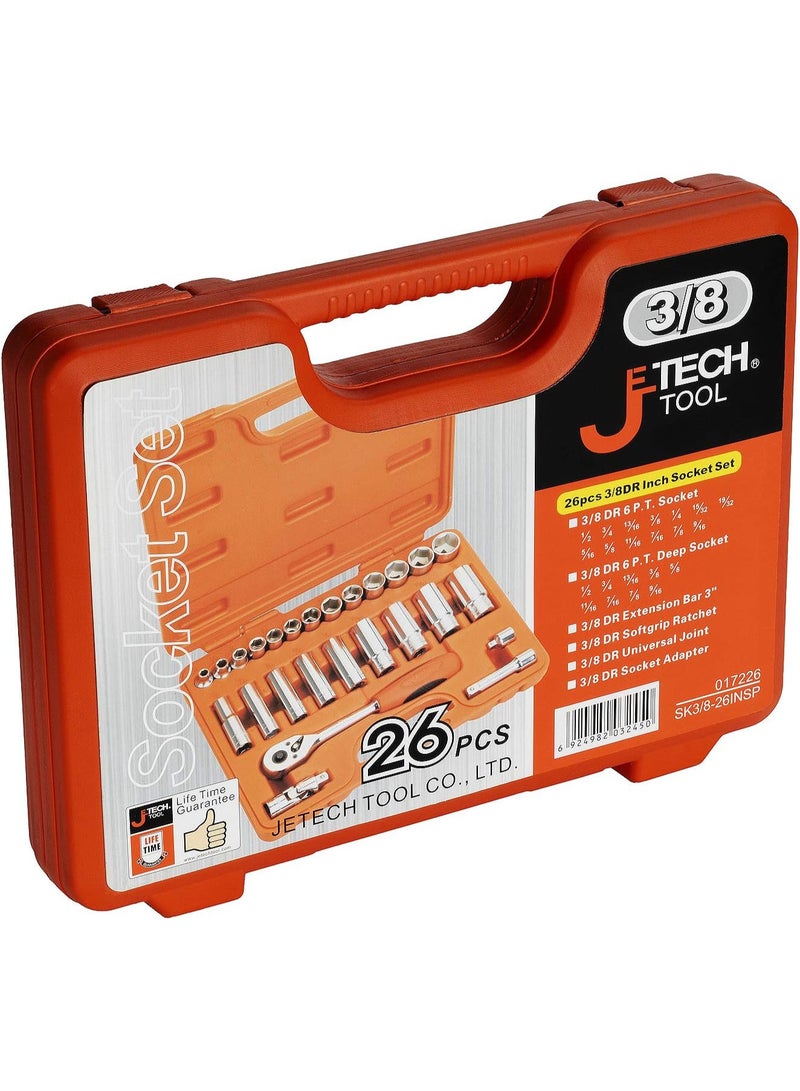 jetechtool Jetech 26-Piece 3/8-Inch Drive Socket Set, Standard & Deep Sockets, Ratchet, Extension Bar, Universal Joint & Adapter, 6-Point Cr-V Steel, SAE – SK3/8-26INSP - Image 5