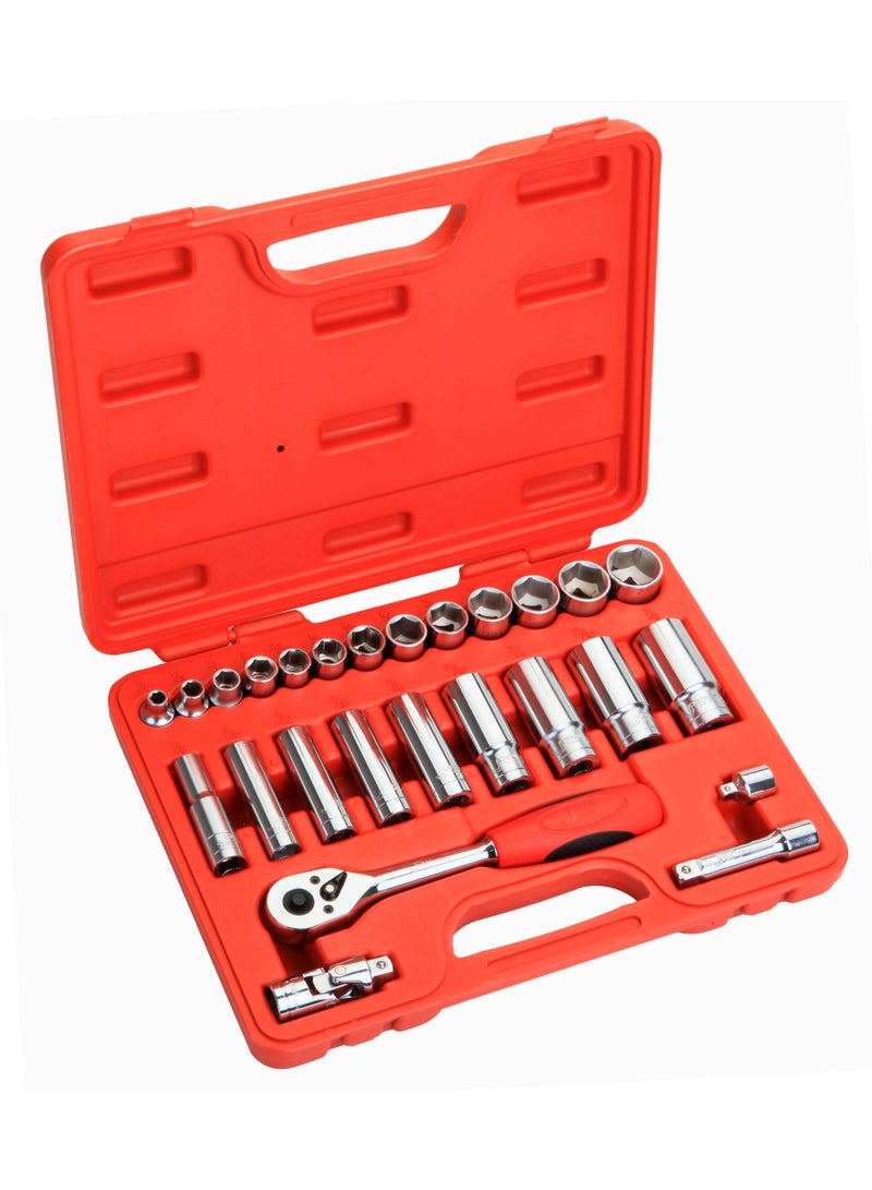jetechtool Jetech 26-Piece 3/8-Inch Drive Socket Set, Standard & Deep Sockets, Ratchet, Extension Bar, Universal Joint & Adapter, 6-Point Cr-V Steel, SAE – SK3/8-26INSP - Image 1