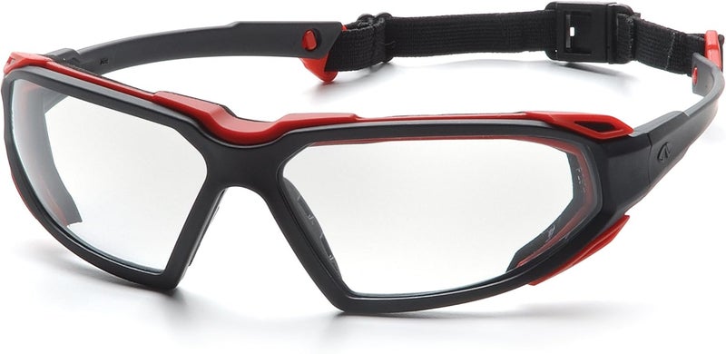 Pyramex Safety Highlander Eyewear with Clear Anti-Fog Lens and Black/Red Frame - Image 1