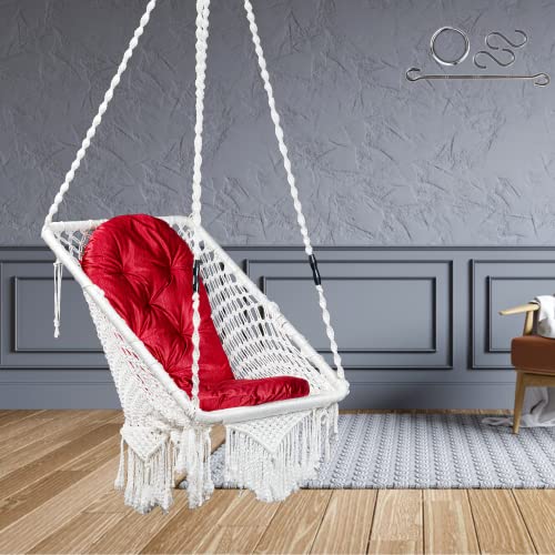 Patiofy Swing/Swing for Balcony/Swing for Adults/Swing Chair for Adults for Home/Hammock Swing for Adults/Swing for Living Room/Swing for Outdoor Premium Rectangular Swing Chair with Red Large Cushion-White - Image 1