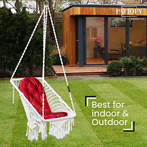 Patiofy Swing/Swing for Balcony/Swing for Adults/Swing Chair for Adults for Home/Hammock Swing for Adults/Swing for Living Room/Swing for Outdoor Premium Rectangular Swing Chair with Red Large Cushion-White - Image 2