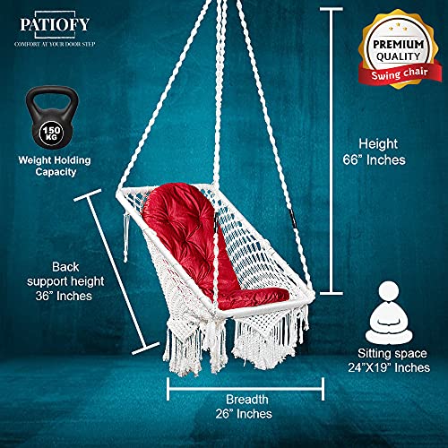 Patiofy Swing/Swing for Balcony/Swing for Adults/Swing Chair for Adults for Home/Hammock Swing for Adults/Swing for Living Room/Swing for Outdoor Premium Rectangular Swing Chair with Red Large Cushion-White - Image 4