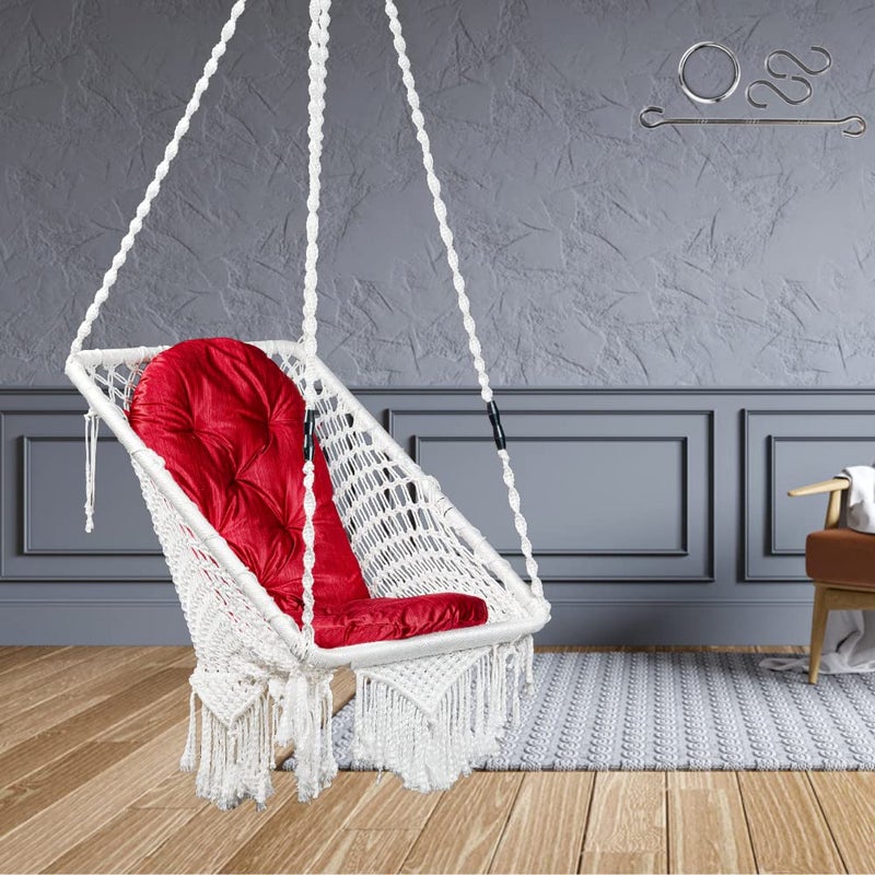 Patiofy Swing/Swing for Balcony/Swing for Adults/Swing Chair for Adults for Home/Hammock Swing for Adults/Swing for Living Room/Swing for Outdoor Premium Rectangular Swing Chair with Red Large Cushion-White - Image 3