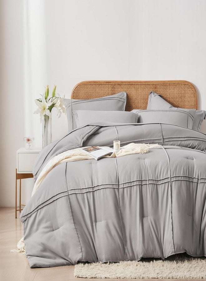 Yogeneg طقم لحاف يوجينيج كوين، 7 قطع، طقم سرير كامل، طقم مفروشات رمادي بنقشة مربعات، لحاف من الألياف الدقيقة الناعمة المخططة مع طقم ملاءات، طقم سرير كامل لجميع الفصول (رمادي، كوين) - Image 2