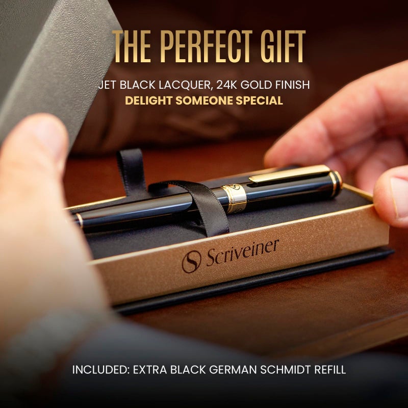 Scriveiner Black Lacquer Rollerball Pen - Stunning Luxury Pen with 24K Gold Finish, Schmidt Ink Refill, Best Roller Ball Gift Set for Men & Women, Professional, Executive Office, Nice Pens - Image 2