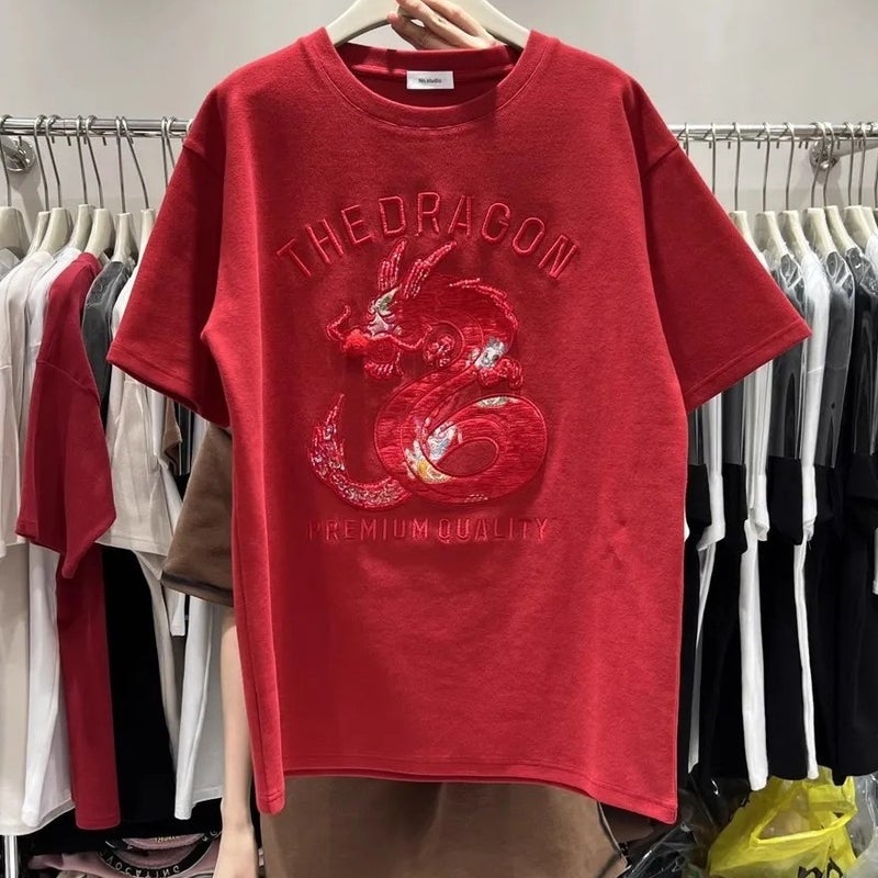 Thickened Short-Sleeved T-Shirt Women'S 2023 New Arrival Heavy Industry Embroidered Dragon Year National Trendy Long Half-Sleeved Top - Image 1