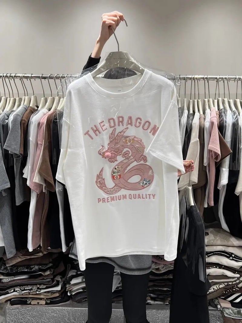 Thickened Short-Sleeved T-Shirt Women'S 2023 New Arrival Heavy Industry Embroidered Dragon Year National Trendy Long Half-Sleeved Top - Image 5