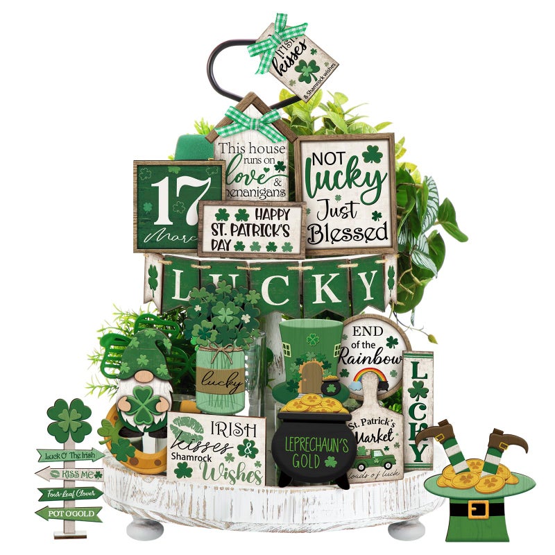 Yuntau 24 Pcs St Patrick's Day Tiered Tray Decor St Patty's Day Decorations Shamrock Irish Lucky Wooden Signs St. Patrick's Day Table Home Kitchen Bar Decoration - Image 1