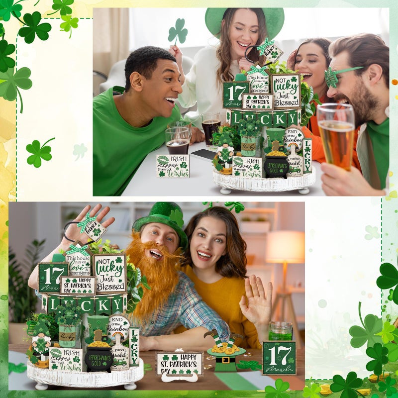 Yuntau 24 Pcs St Patrick's Day Tiered Tray Decor St Patty's Day Decorations Shamrock Irish Lucky Wooden Signs St. Patrick's Day Table Home Kitchen Bar Decoration - Image 5