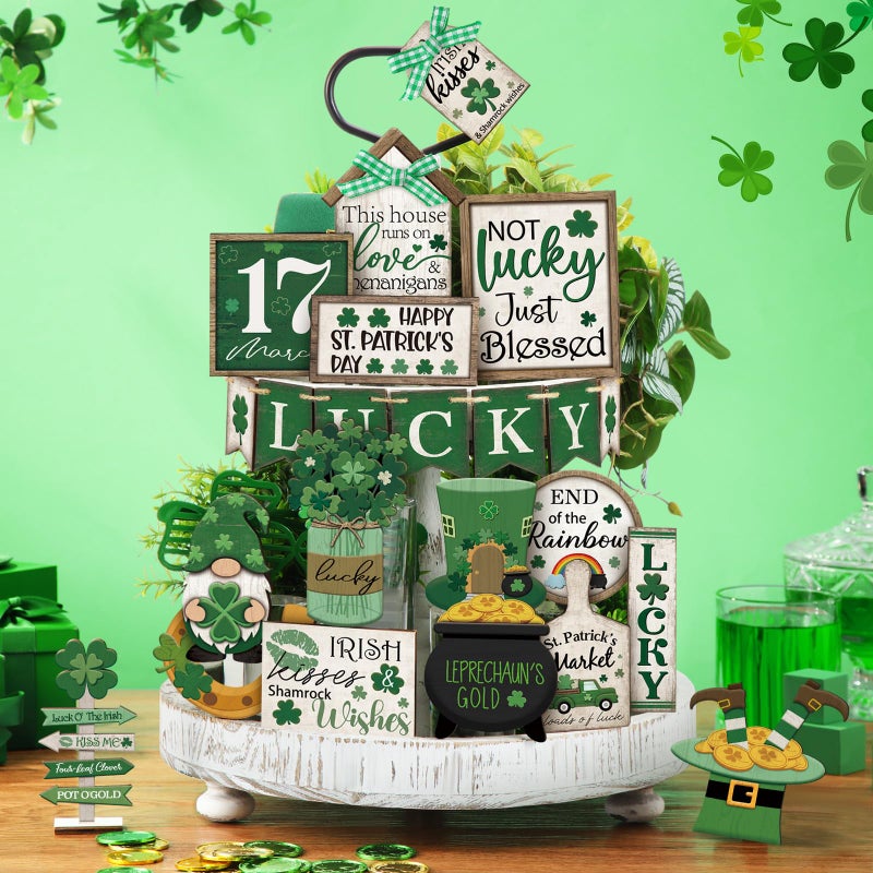 Yuntau 24 Pcs St Patrick's Day Tiered Tray Decor St Patty's Day Decorations Shamrock Irish Lucky Wooden Signs St. Patrick's Day Table Home Kitchen Bar Decoration - Image 2