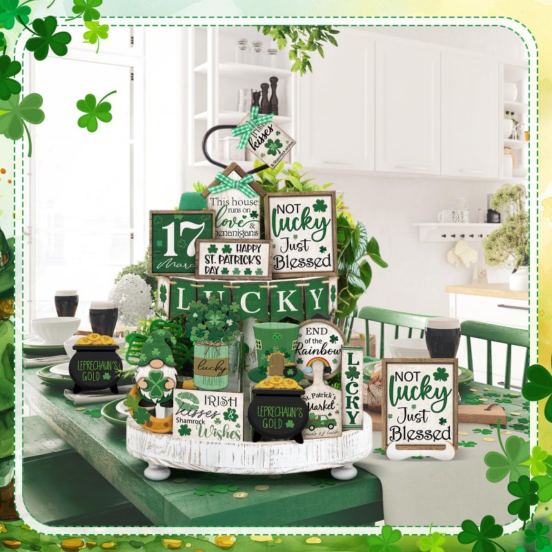 Yuntau 24 Pcs St Patrick's Day Tiered Tray Decor St Patty's Day Decorations Shamrock Irish Lucky Wooden Signs St. Patrick's Day Table Home Kitchen Bar Decoration - Image 4