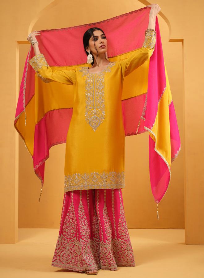 ISHIN Women's Mustard Chinon Embellished Kaftan Upperwear Knee Length Palazzo Bottomwear Straight Fit 3 Peice Kurta Set - Image 1