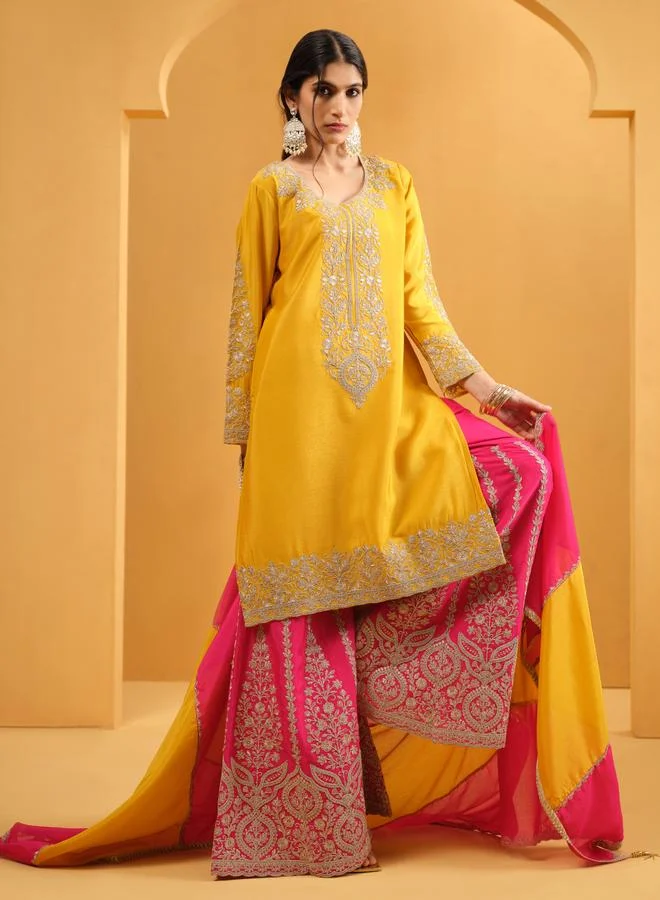 ISHIN Women's Mustard Chinon Embellished Kaftan Upperwear Knee Length Palazzo Bottomwear Straight Fit 3 Peice Kurta Set