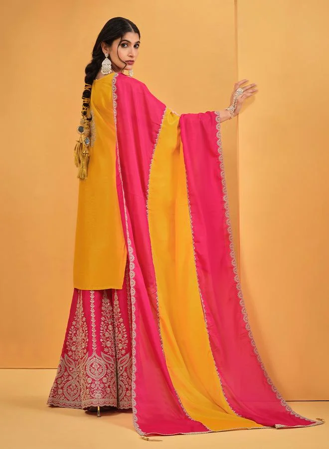 ISHIN Women's Mustard Chinon Embellished Kaftan Upperwear Knee Length Palazzo Bottomwear Straight Fit 3 Peice Kurta Set