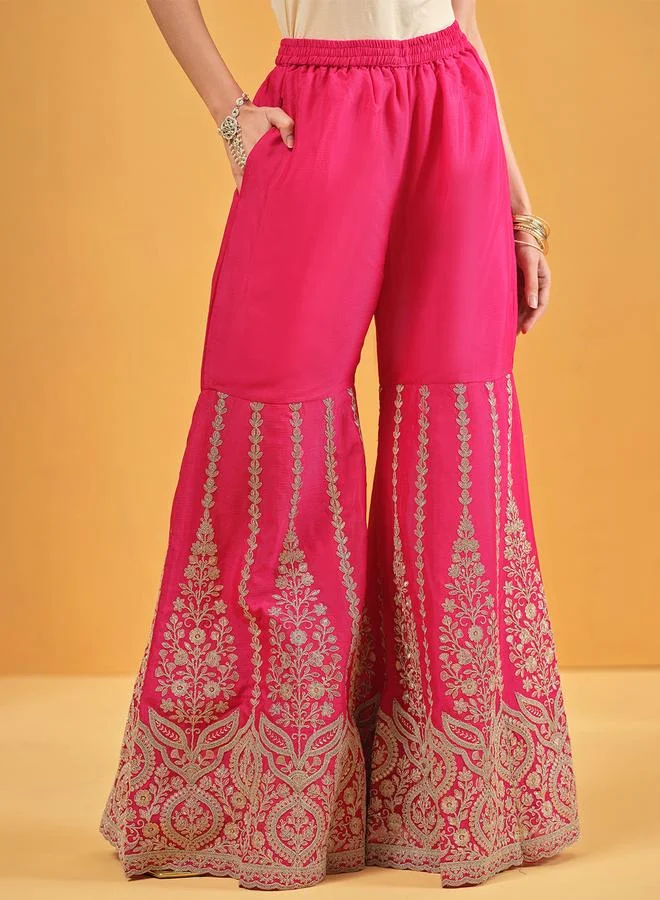 ISHIN Women's Mustard Chinon Embellished Kaftan Upperwear Knee Length Palazzo Bottomwear Straight Fit 3 Peice Kurta Set