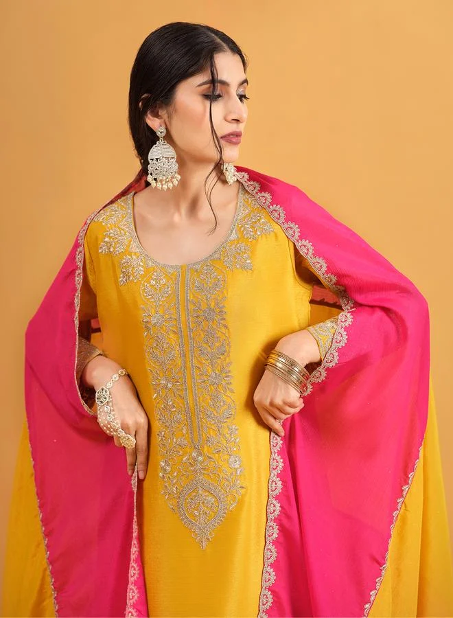 ISHIN Women's Mustard Chinon Embellished Kaftan Upperwear Knee Length Palazzo Bottomwear Straight Fit 3 Peice Kurta Set
