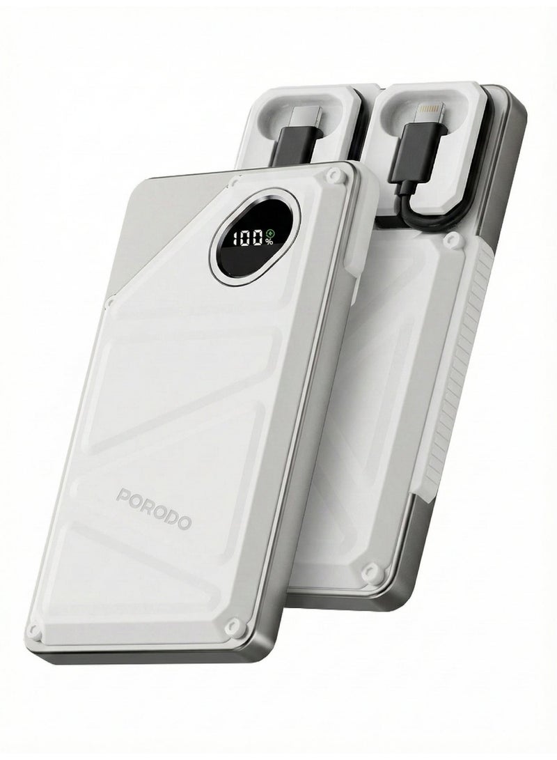 porodo Power Bank 10000mAh with Built-In USB-C & Lightning Cables, 22.5W PD & QC Fast Charging, USB-A & Type-C Ports, Multi-Device Charging, Portable Battery Pack for iPhone, Tablets, Android - Image 1