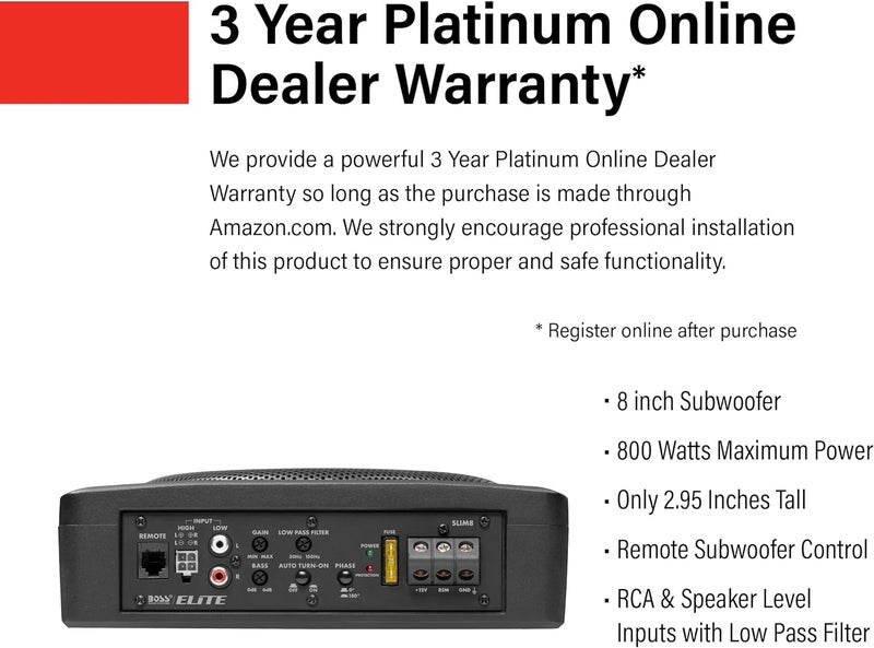 BOSS Audio Systems SLIM8 Elite Series 8 Inch Powered Car Subwoofer - Low Profile with Remote Control - Image 3