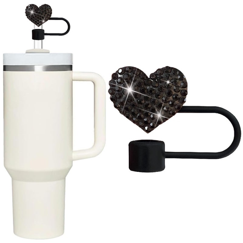 Wentoenapp Bling Hearts Straw Covers Cap for Stanley Cup, Bling Diamond Rhinestone, 10mm Silicone Toppers, Straw Topper Compatible for Stanley 30&40 Oz Tumbler with Handle, Reusable Straws (Black) - Image 1