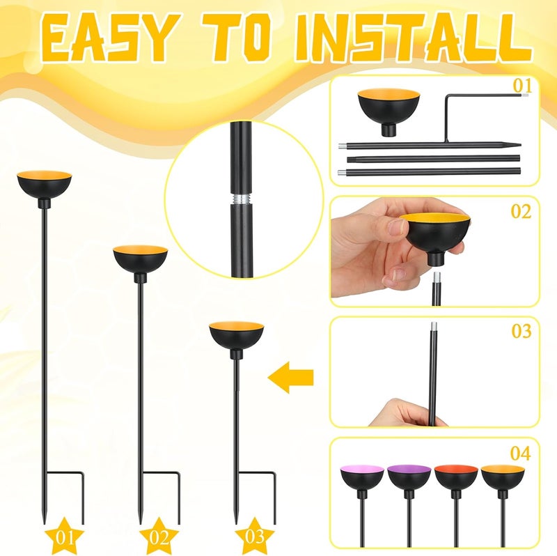 Lineshading 4 Pcs Bee Watering Station Butterfly Bee Water Catcher Cups Small Insects Bee Feeders for Outside Feeding and Watering Bees Metal Garden Stakes Garden Sculpture Decor (Bright) - Image 4