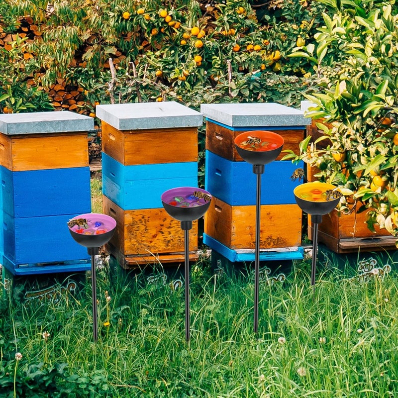 Lineshading 4 Pcs Bee Watering Station Butterfly Bee Water Catcher Cups Small Insects Bee Feeders for Outside Feeding and Watering Bees Metal Garden Stakes Garden Sculpture Decor (Bright) - Image 5