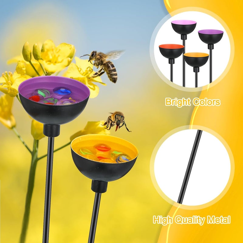 Lineshading 4 Pcs Bee Watering Station Butterfly Bee Water Catcher Cups Small Insects Bee Feeders for Outside Feeding and Watering Bees Metal Garden Stakes Garden Sculpture Decor (Bright) - Image 3