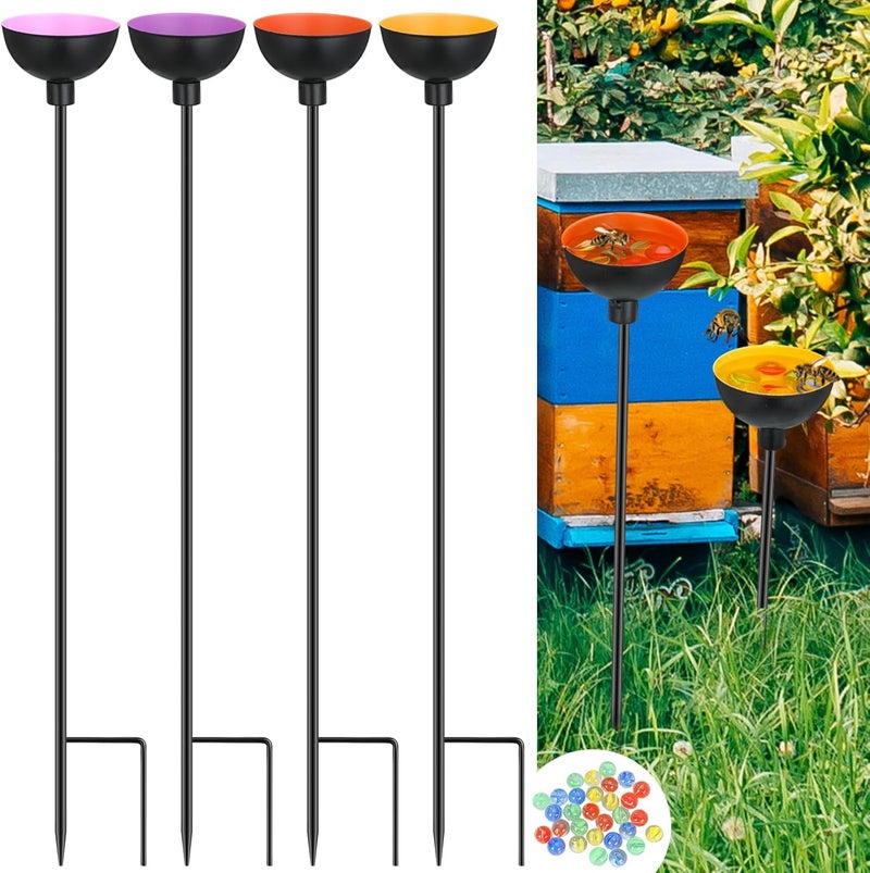 Lineshading 4 Pcs Bee Watering Station Butterfly Bee Water Catcher Cups Small Insects Bee Feeders for Outside Feeding and Watering Bees Metal Garden Stakes Garden Sculpture Decor (Bright) - Image 1