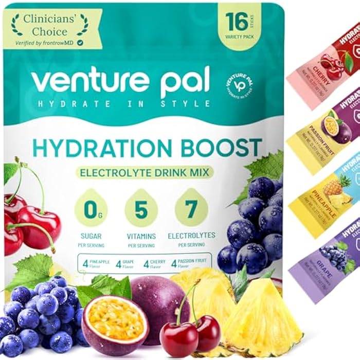 Venture Pal Sugar Free Electrolyte Powder Packets - Liquid Daily IV Drink Mix for Rapid Hydration & Party Recovery | 5 Vitamins & 7 Electrolytes| Keto Friendly | Non-GMO | Certified Vegan | 16 Sticks - Image 1