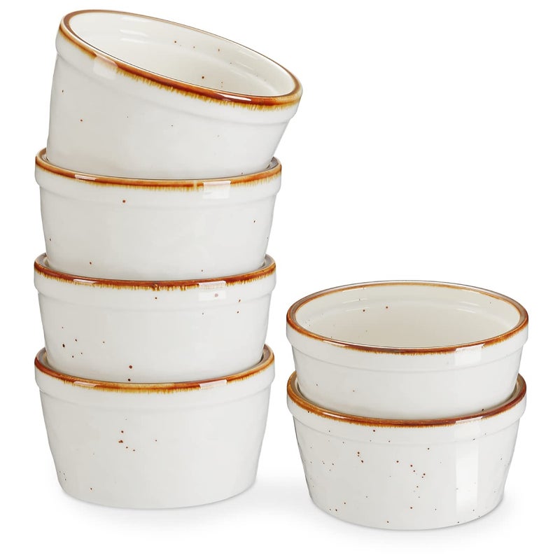 ONEMORE 8 oz Ceramic Ramekins Oven Safe With Brown Rim  Small Speckled Cups for Baking Creme Brulee Sauces Desserts  Ice Cream  Individual CustardPudding Cups Set of 6