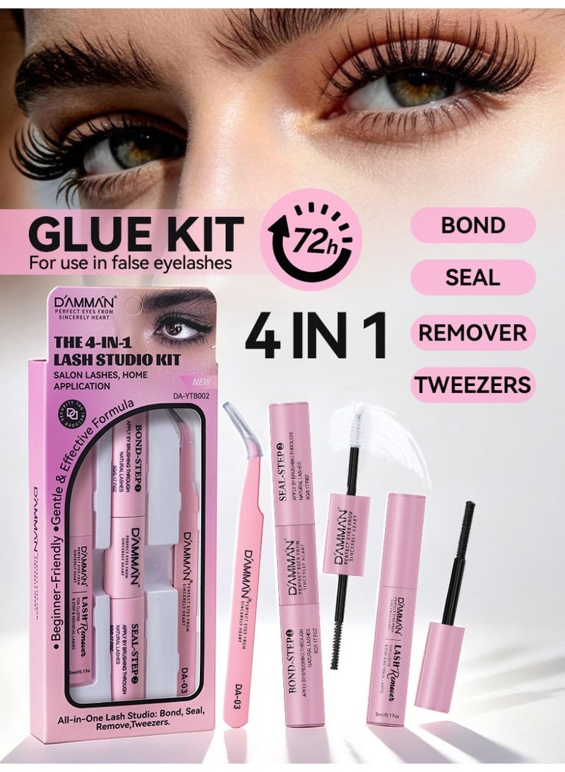 D'AMMA'N Bond & Seal Lash Glue Kit, 4-in-1 DIY Lash Extension Set, Strong Hold Waterproof Eyelash Glue, Bond & Seal + Lash Remover + Tweezers, Long Lasting 48-72H Cluster Lash Kit, Beginner Friendly, False Eyelash Extension Kit - Image 1