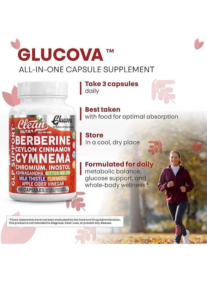 Clean Nutraceuticals Glucova GLP1 Support Supplements Berberine Apple Cider Vinegar Turmeric Ashwagandha Ceylon Cinnamon Chromium - Image 2