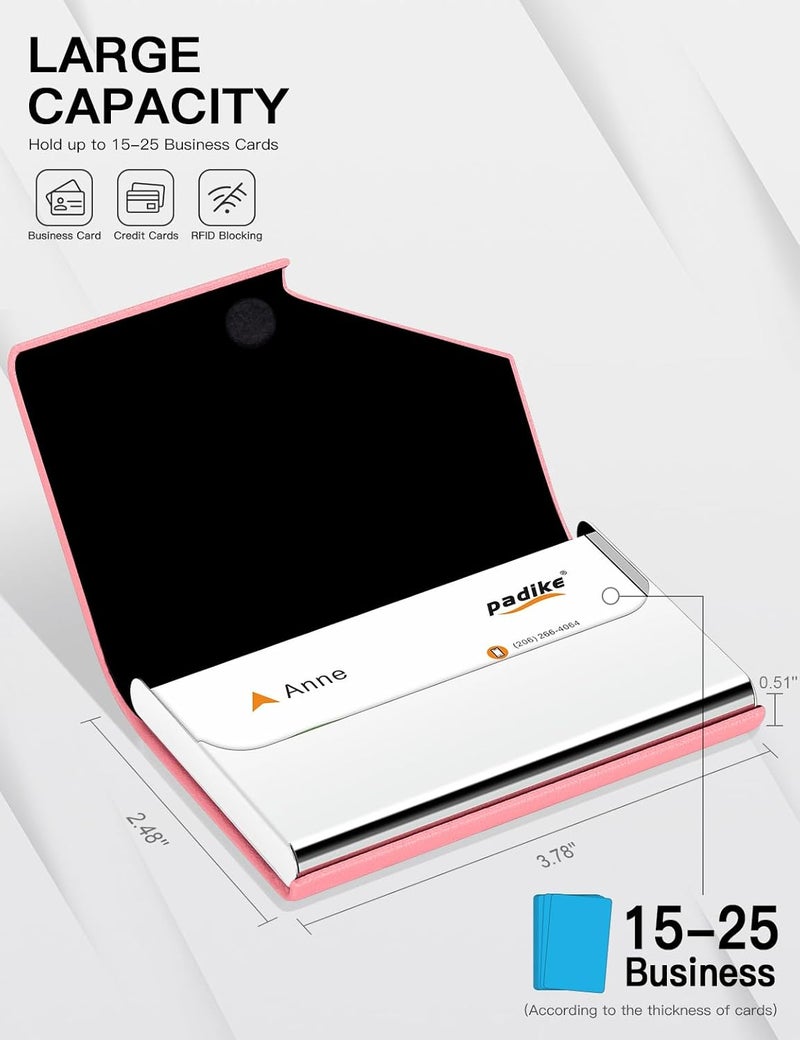 Padike Business Card Holder, PU Leather & Stainless Steel Multi Card Case for Men & Women, Name Card Holder, Credit Card Wallet, ID Case/Holder with Magnetic Closure (Pink) - Image 4