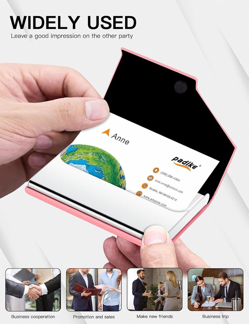 Padike Business Card Holder, PU Leather & Stainless Steel Multi Card Case for Men & Women, Name Card Holder, Credit Card Wallet, ID Case/Holder with Magnetic Closure (Pink) - Image 5