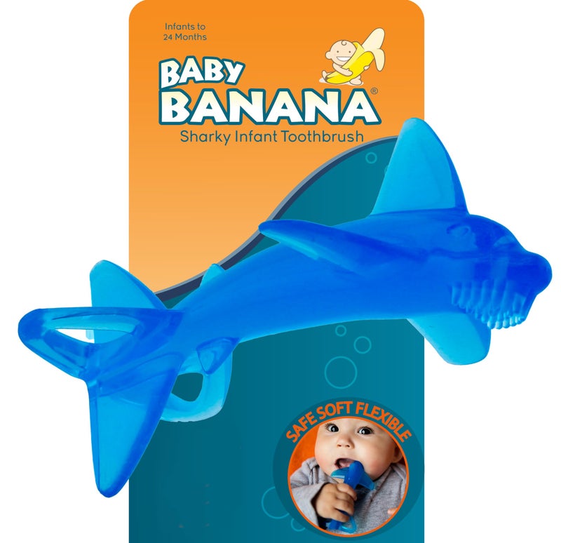 Baby Banana The Original Baby Banana Sharky Toothbrush Teether Toy Made in USA FamilyOwned Business Teething Relief for Babies Infants Toddlers Massaging Soothing Flexible Blue Silicone 