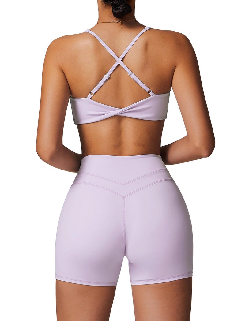ABOCIW Workout Sets for Women 2 Piece V Neck Twist Back Sports Bra High Waist Biker Shorts Yoga Outfits Purple Small