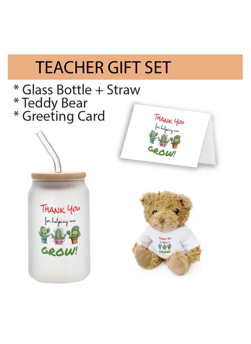 PRINTSHOP4ME - Teacher's Day Pack of 3 Combo Pack - Glass Bottle, Teddy Bear and Greeting Card - Reusable Bottle - Teacher's Day Gift Set - Gift for World Teachers Day - Image 1