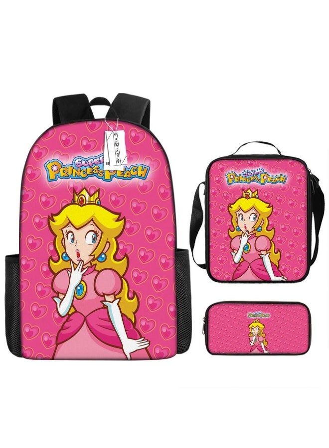3 Pcs Princess Peach School Bag Satchel Pencil Case Animated Game Super Mario Gifts For Kids Birthday Gift Start Of School Gift - Image 1