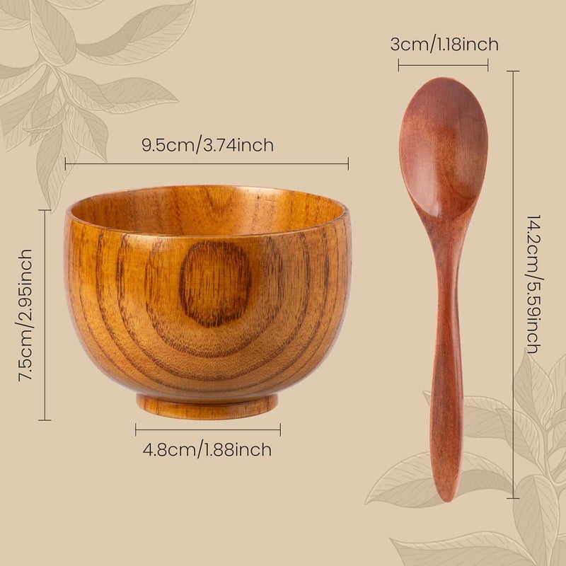 NUOMI 2 Sets Wooden Bowls for Food, Small Wood Bowls with Wood Spoons for Dessert Snacks Soup Tableware Set - Image 2