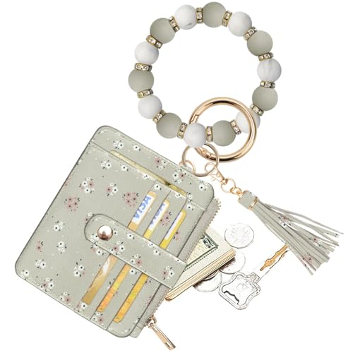 COOLANS Wristlet Bracelet Keychain Pocket Credit Card Holder Purse Tassel Keychain Bangle Key Ring for Women (Silicone & Shiny Bead+Card Purse (Light Grey Green)) - Image 1