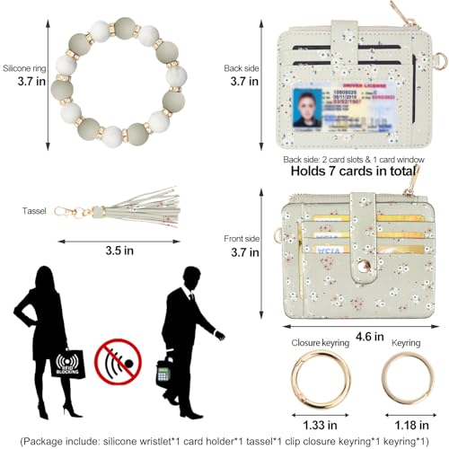 COOLANS Wristlet Bracelet Keychain Pocket Credit Card Holder Purse Tassel Keychain Bangle Key Ring for Women (Silicone & Shiny Bead+Card Purse (Light Grey Green)) - Image 2